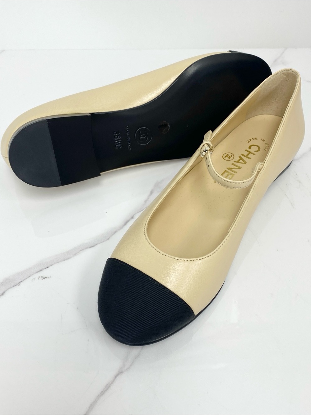 Chanel Grosgain Cap Toe Pearl Mary Jane Flats